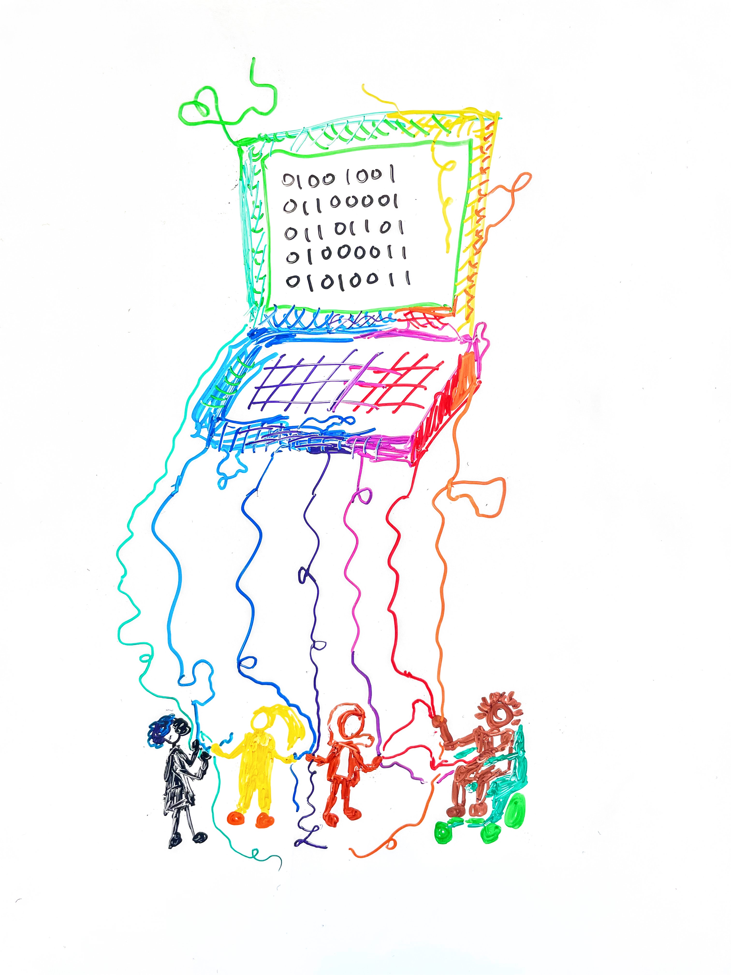 a drawing of people, threads, and a computer in rainbow colors of ink