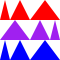Three red triangles above three purple triangles above three blue triangles