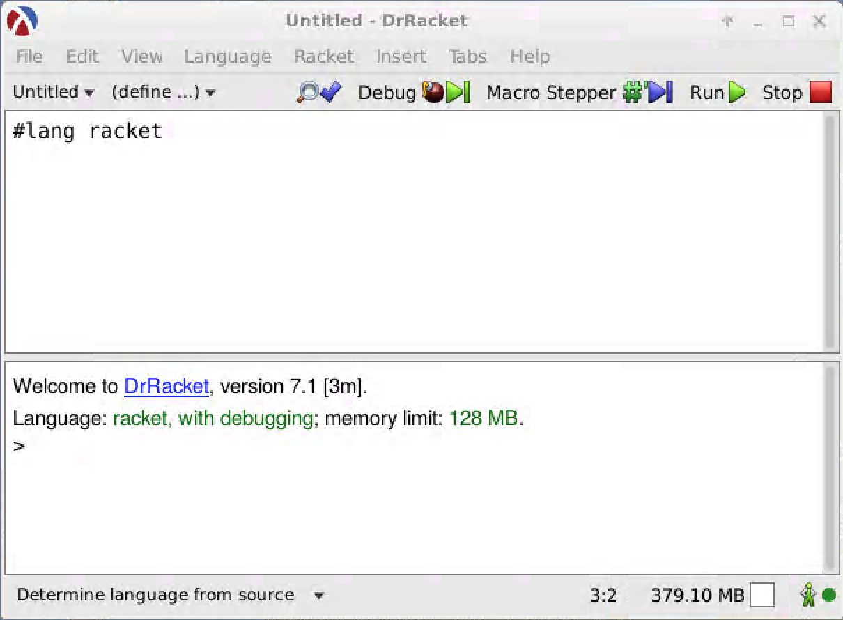 A screenshot of the DrRacket program immediately after opening. It shows no commands executed and a "#lang racket" directive in the definitions pane.