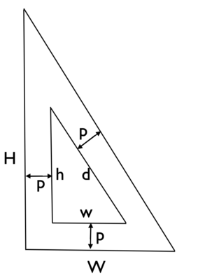 A triangle of width w and height h nested within a triangle of width W and height H. Each side of the inner triangle is p away from the corresponding side of the outer triangle. The hypotenuse of the inner triangle is labeled d.