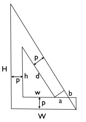 The first diagram as before, with additional notations. There's a line from the lower-right-hand-corner of the inner triangle extending horizontally until it is directly over the lower-right-hand-corner of the outer triangle. There's a line going from that point down to the lower-right-hand-corner of the outer triangle. The portion of the horizontal line between the lower-right-hand-corner of the inner triangle and the hypotenuse is labeled a. The remainder of that line is labeled b.