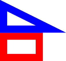 a left-aligned stack of images (a transparent 100-by-50 right triangle with a width-25 blue outline above a 100-by-50 rectangle outlined with a width-25 red line) that reveals that the triangle is much wider than the rectangle