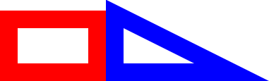 a bottom-aligned sequence of images (a 100-by-50 rectangle outlined with a width-25 red line beside a transparent 100-by-50 right triangle with a width-25 blue outline) that reveals that the triangle is slightly taller than the rectangle