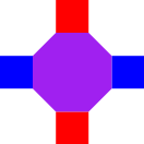 an octagon with red squares above and below it and blue squares left and right of it
